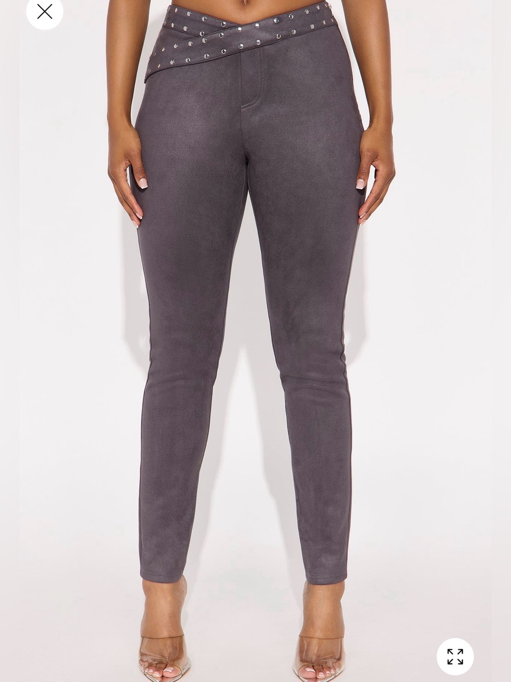 Fashion Nova Stud-Trim High-Waist Charcoal Faux-Suede Pants